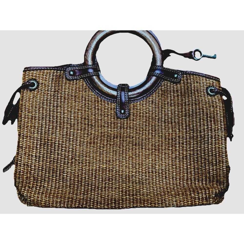 Fossil Woven Handbag Satchel Brown w Leather Trim Wooden Handle Boho Key Charm - Picture 2 of 7